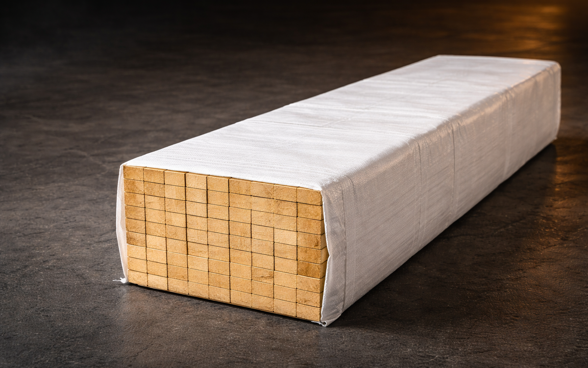 UV-stabilized polypropylene lumber wrap protecting kiln-dried wood bundles